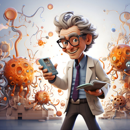 Scientist man with cell phone and book. 3d illustration.の素材