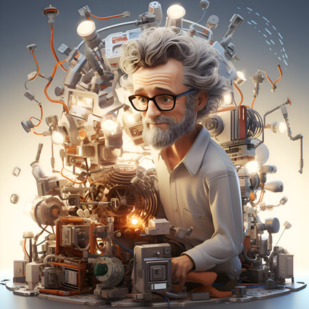 3D rendering of a senior scientist working on a virtual machine.の素材