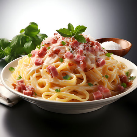 spaghetti carbonara with bacon and parmesan on a dark backgroundの素材