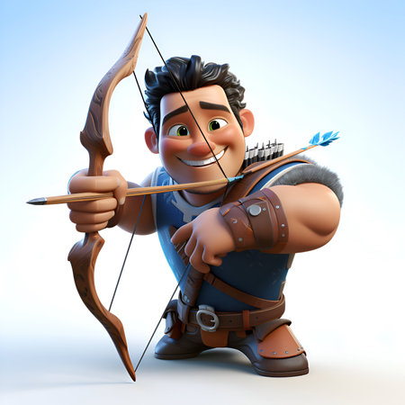 3D illustration of a cartoon character with bow and arrow. with blue backgroundの素材