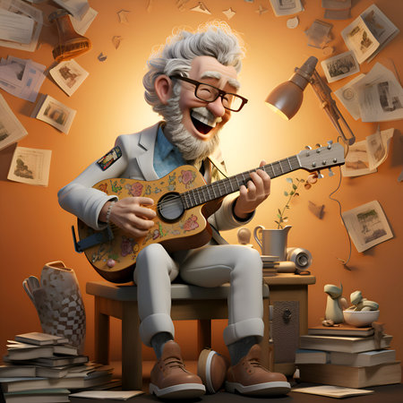 3D illustration of an old man playing a ukuleleの素材