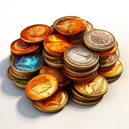 Pile of coins in gold and copper colors on a white backgroundの素材