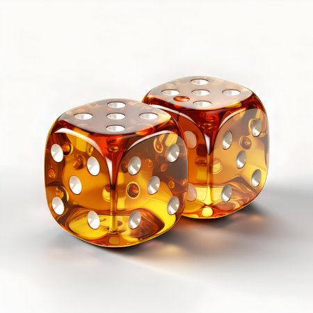 Two orange dice on white background. 3d render illustration with shadowの素材