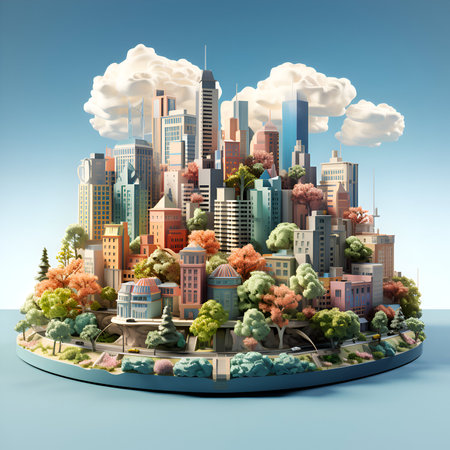 Fantasy city with blue sky and white clouds. 3D renderingの素材