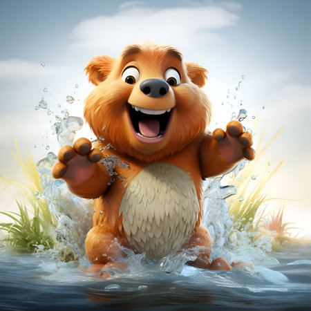Happy cartoon bear splashing in the water - 3D rendered illustrationの素材