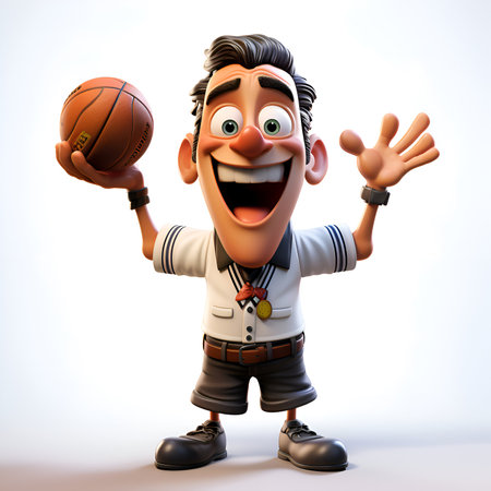 3D Rendered illustration of a cartoon man with basketball and victory gestureの素材