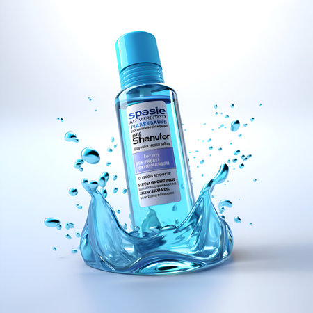 3D render of a bottle of blue perfume with water splashesの素材