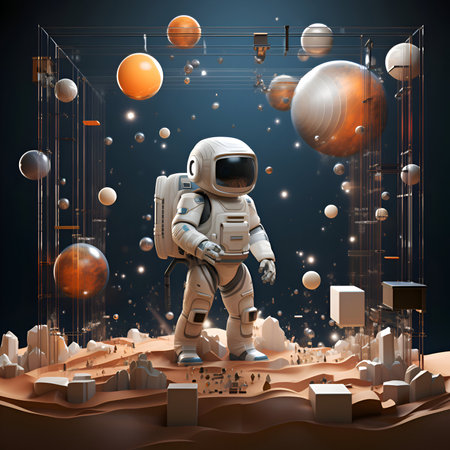 Astronaut in outer space with planets and stars. 3D renderingの素材