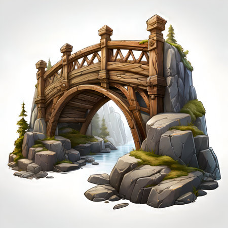 Wooden bridge in the mountains. 3D illustration. Digital painting.の素材