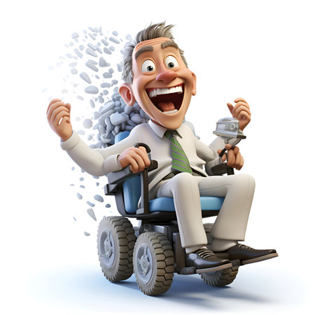 3D illustration of a senior businessman riding a quad bike with a smileの素材