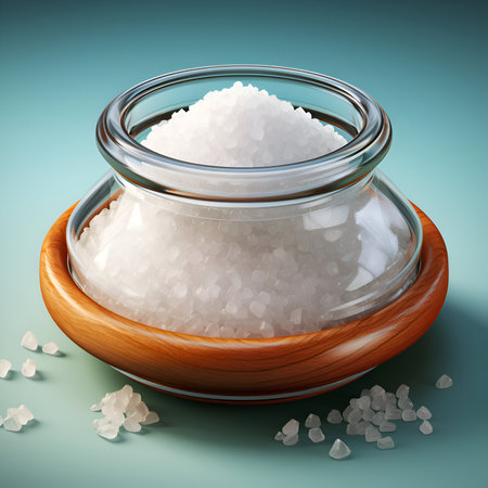 Sea salt in a wooden bowl on blue background. 3d illustrationの素材