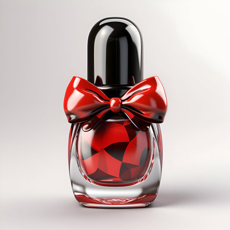 Nail polish bottle with red bow isolated on white background. 3d renderの素材