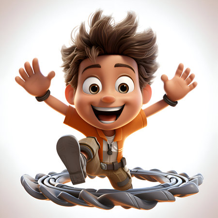 3D illustration of a boy jumping in the air with his hands upの素材