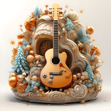 guitar in the snow and christmas tree 3d illustrationの素材