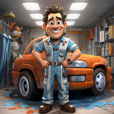Cartoon character of mechanic in the garage - 3D render illustrationの素材