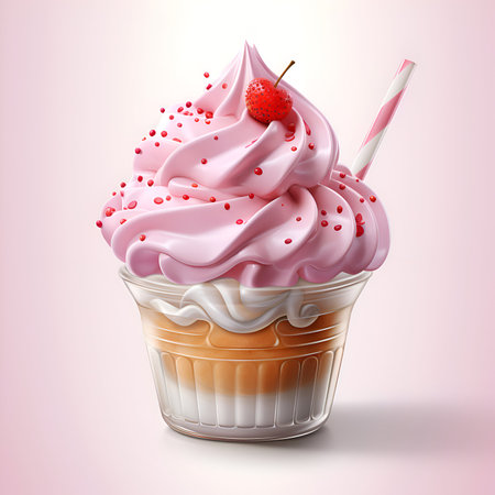 Cupcake with whipped cream and cherry on top. Vector illustration.の素材