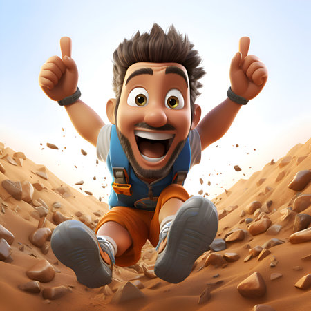 3D illustration of a cartoon character jumping in the desert with thumbs upの素材