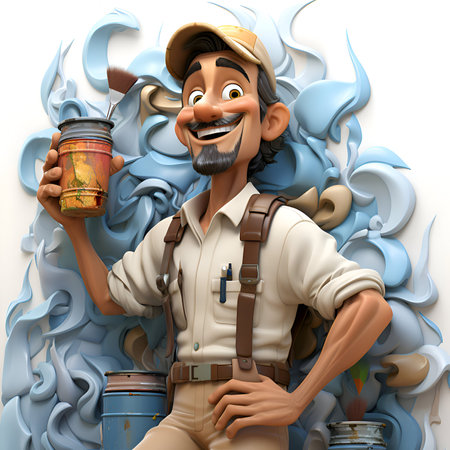Cartoon character of a backpacker with a paper cup of coffeeの素材