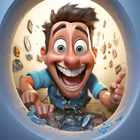 3D illustration of a cartoon character looking through a hole in a wallの素材