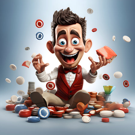Cartoon man with casino chips on blue background. 3d illustrationの素材