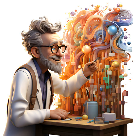 3D illustration of a senior man painting a rainbow in his art studioの素材