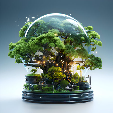 Big green tree in glass sphere. Ecology concept. 3D renderingの素材
