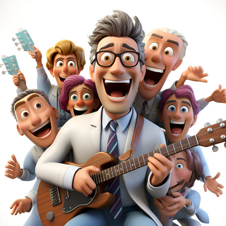 Cartoon people playing the guitar on white background - 3D Illustrationの素材