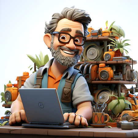 3d illustration of a cartoon character working on a laptop in a gardenの素材