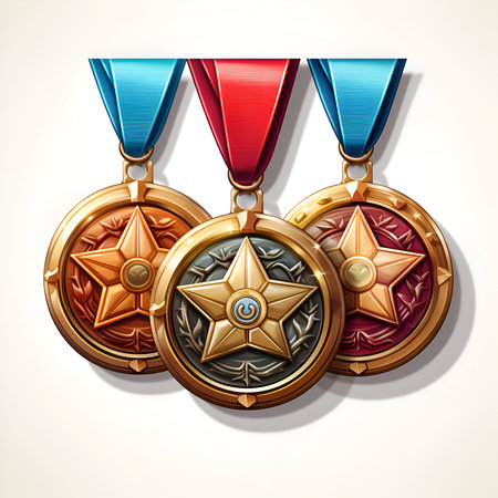Medal with ribbons and stars on white background. Vector illustration.の素材