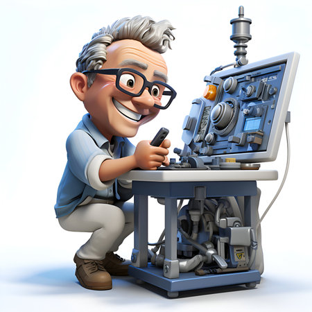 3D illustration of a man repairing a machine with a screwdriverの素材