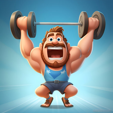 Cartoon strong man with dumbbells on blue background. Vector illustration.の素材