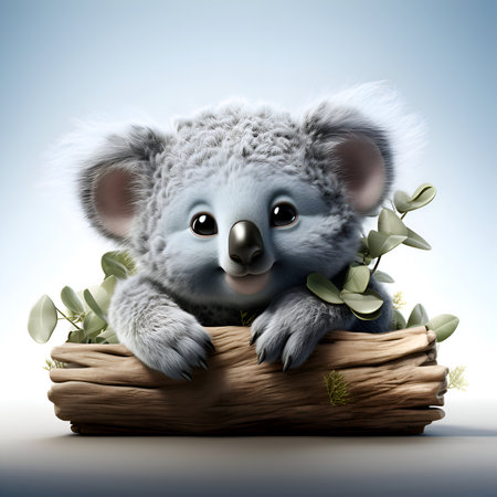 Cute koala with eucalyptus leaves in a wooden boxの素材