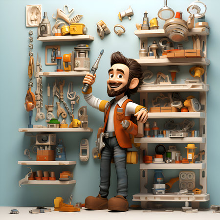 3D illustration of a cartoon handyman with tools in his handの素材