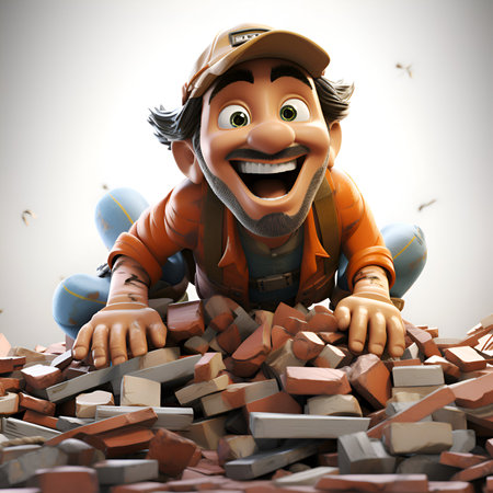 3D illustration of a cartoon character with bricks and a construction workerの素材