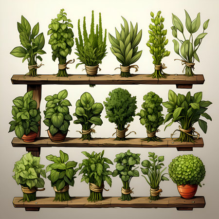 Illustration of a set of different plants in pots on a shelfの素材