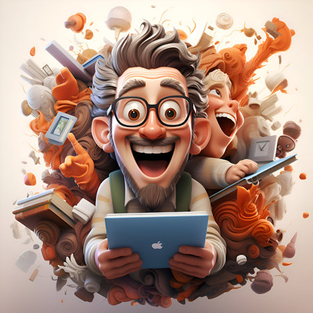 3d illustration of happy cartoon man with tablet and books in his handsの素材