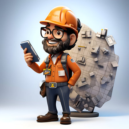 3d illustration of a builder with a mobile phone in his handの素材