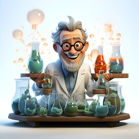 3D rendered illustration of a cartoon scientist working in a laboratory.の素材