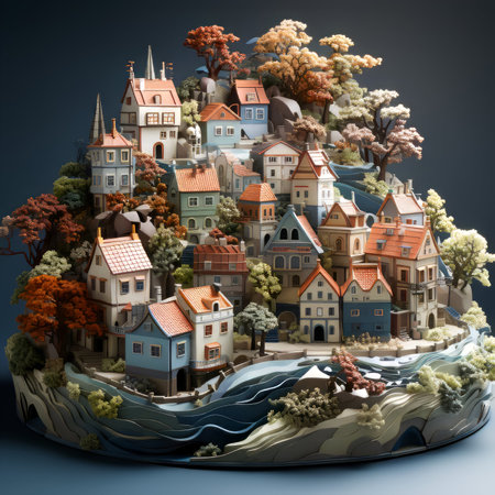 Fantasy landscape with houses and trees in the form of a planetの素材