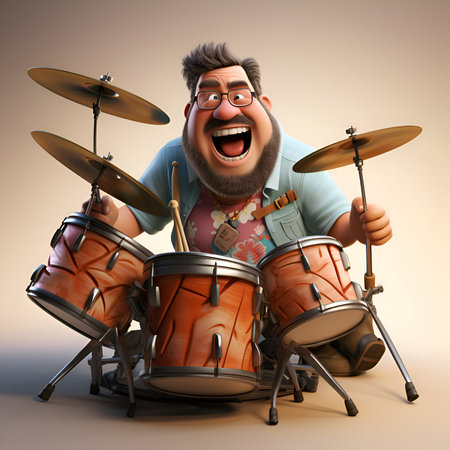 3D illustration of a funny man playing drum set over brown backgroundの素材