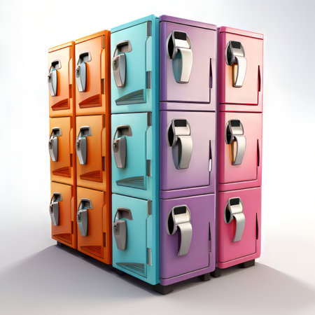 3d illustration of colorful lockers over a white background with shadowの素材