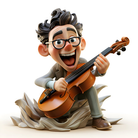 3D Illustration of Little Boy playing the violin with white backgroundの素材