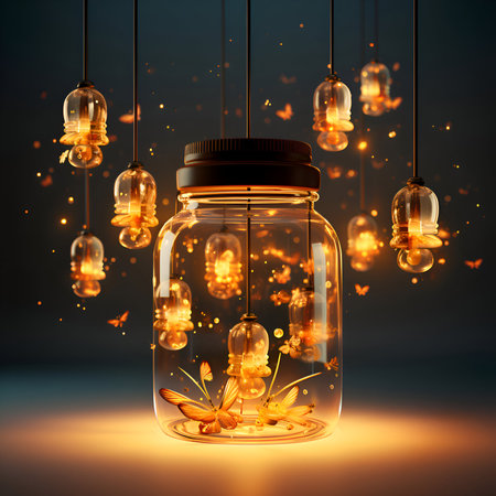 Light bulbs in a glass jar with flying butterflies. 3D renderingの素材