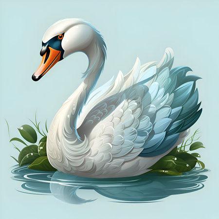 White swan on the water. Vector illustration in cartoon style.の素材