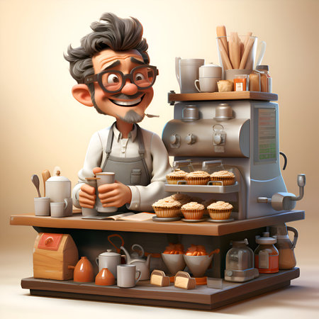 3D illustration of a senior man making cupcakes in a coffee shopの素材