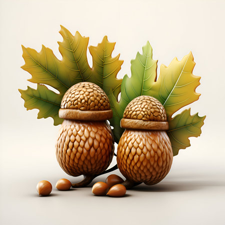 Acorns and oak leaves on a white background. 3d illustrationの素材