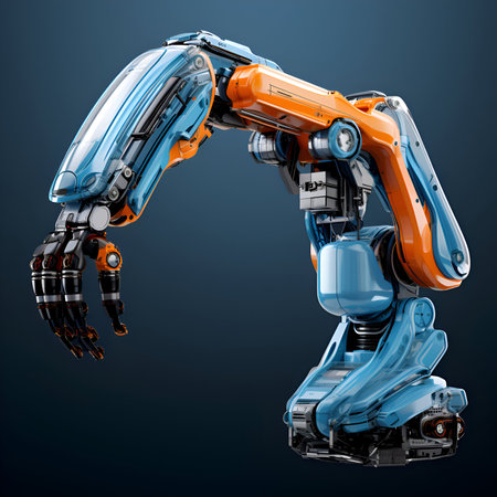 3d rendering robotic arm on blue background with space for your textの素材