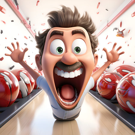 Cartoon man in bowling alley with sport balls. 3d illustrationの素材