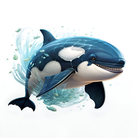 Illustration of a cartoon killer whale swimming in the ocean with bubblesの素材