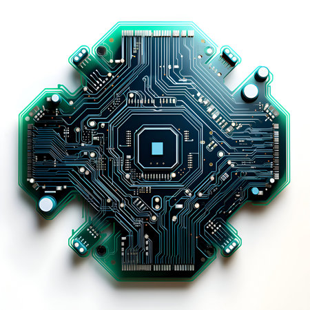 Circuit board isolated on white background. Electronic computer hardware technology. Motherboard digital chip. Tech science background. Integrated communication processor.の素材
